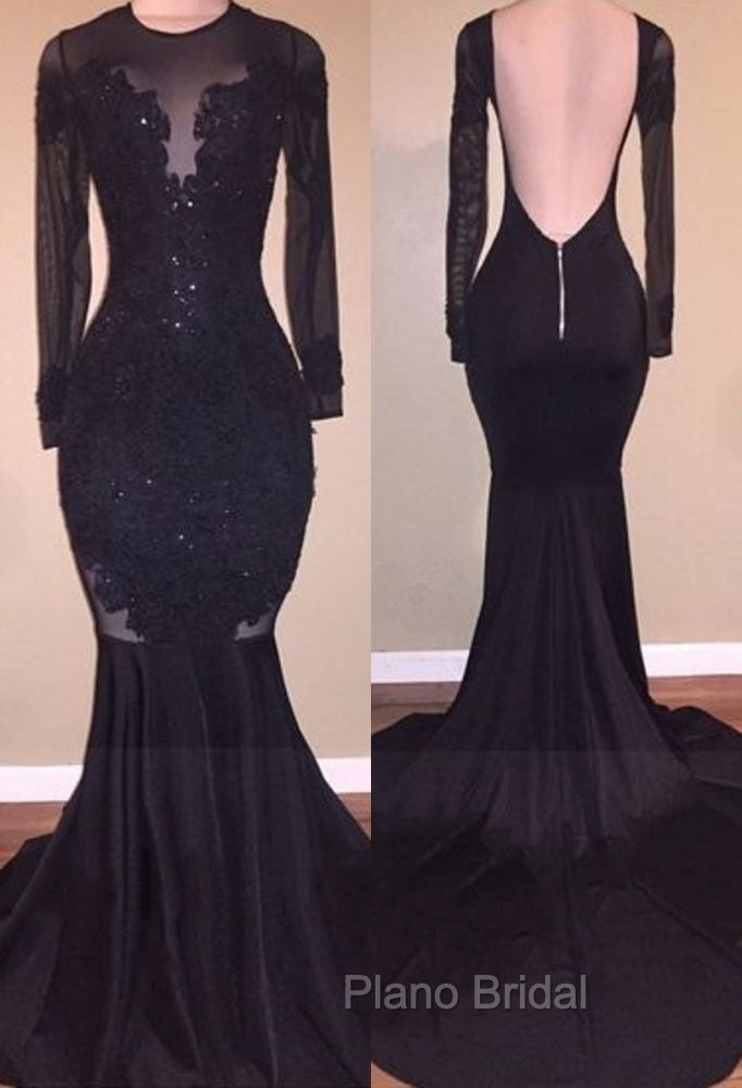 Chic Mermaid Black Long-Sleeves Backless Appliques Formal Prom Party Gowns