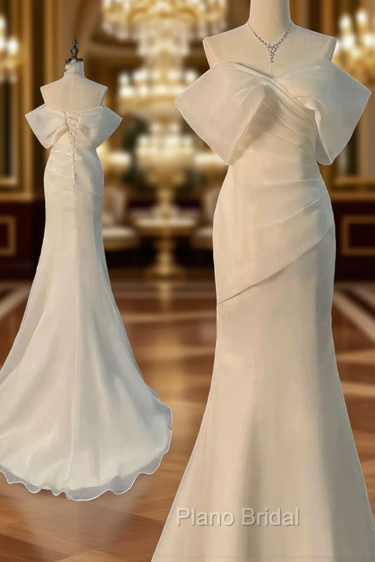 Chic Mermaid Off The Shoulder Short Sleeves Ivory Chiffon Wedding Dresses With Ruffles