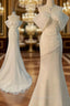 Chic Mermaid Off The Shoulder Short Sleeves Ivory Chiffon Wedding Dresses With Ruffles