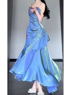 Chic Mermaid Spaghetti Straps Blue Long Formal Prom Dresses Birthday Dresses Birthday Outfits