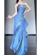 Chic Mermaid Spaghetti Straps Blue Long Formal Prom Dresses Birthday Dresses Birthday Outfits