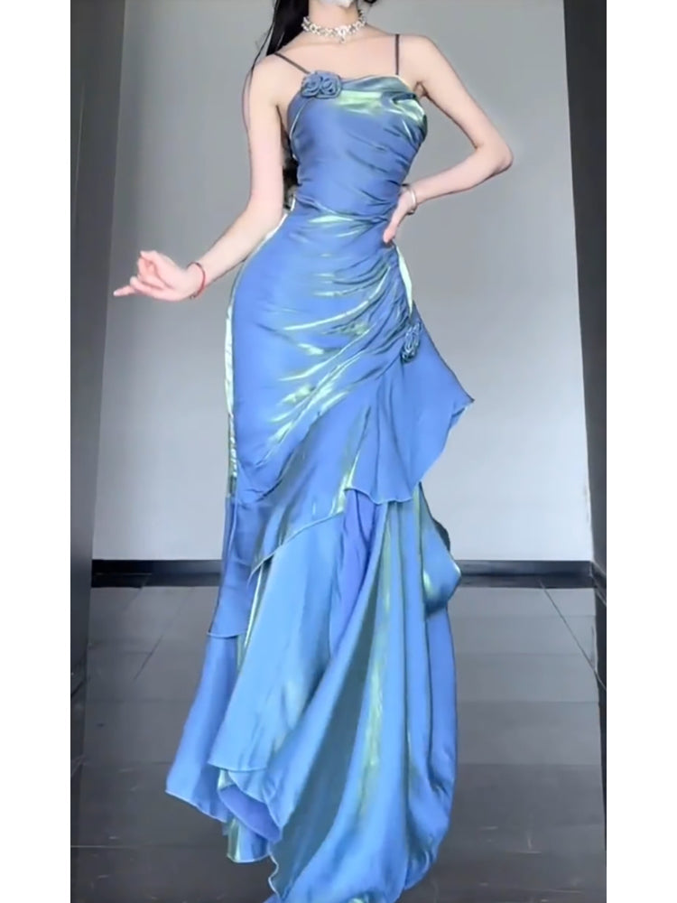 Chic Mermaid Spaghetti Straps Blue Long Formal Prom Dresses Birthday Dresses Birthday Outfits