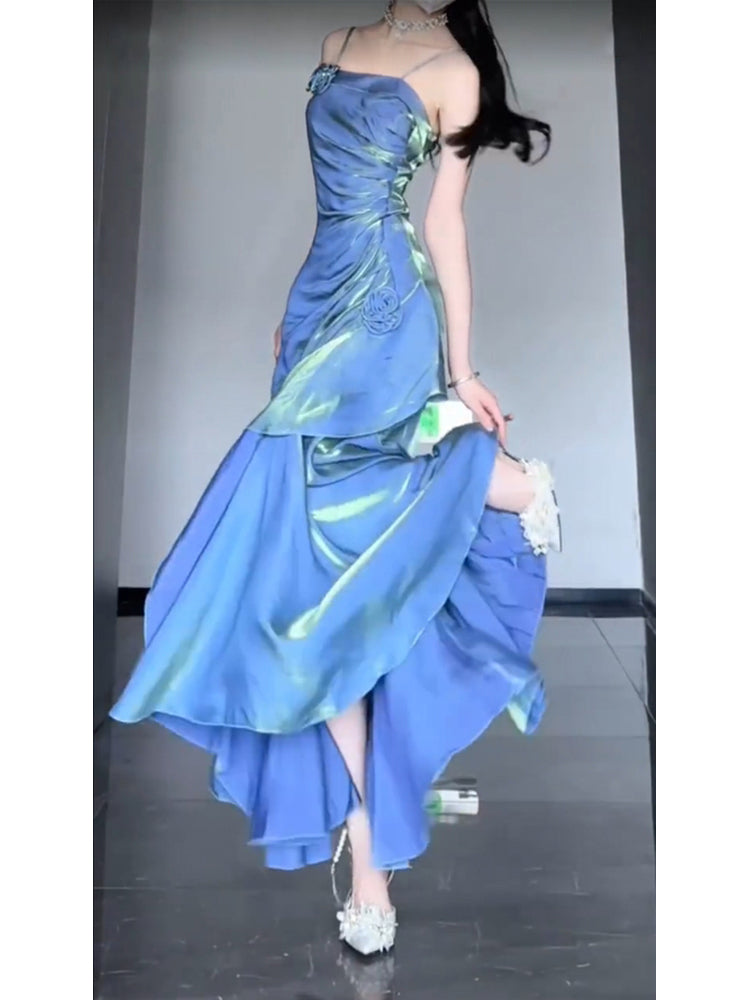Chic Mermaid Spaghetti Straps Blue Long Formal Prom Dresses Birthday Dresses Birthday Outfits Main image