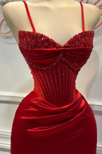 Chic Mermaid Spaghetti StrapsSatin  Long Formal Dresses With Beading Wedding Guest Dresses