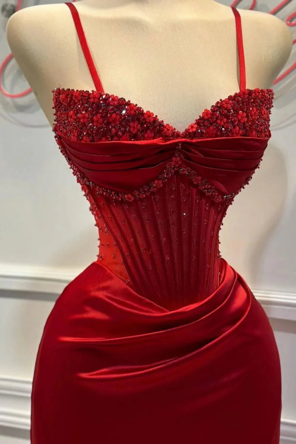 Chic Mermaid Spaghetti StrapsSatin  Long Formal Dresses With Beading Wedding Guest Dresses