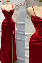 Chic Mermaid Spaghetti StrapsSatin  Long Formal Dresses With Beading Wedding Guest Dresses