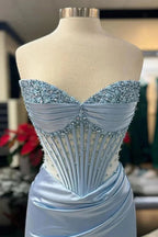 Chic Mermaid Spaghetti StrapsSatin  Long Formal Dresses With Beading Wedding Guest Dresses