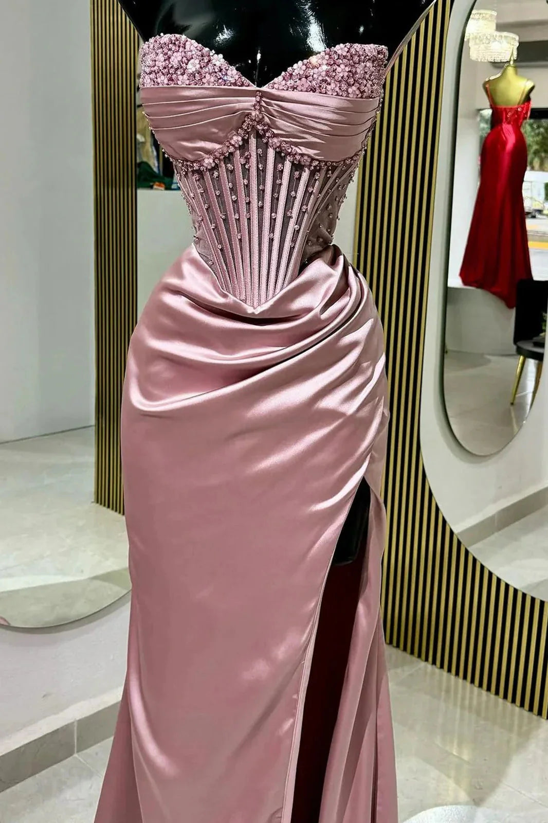 Chic Mermaid Spaghetti StrapsSatin  Long Formal Dresses With Beading Wedding Guest Dresses