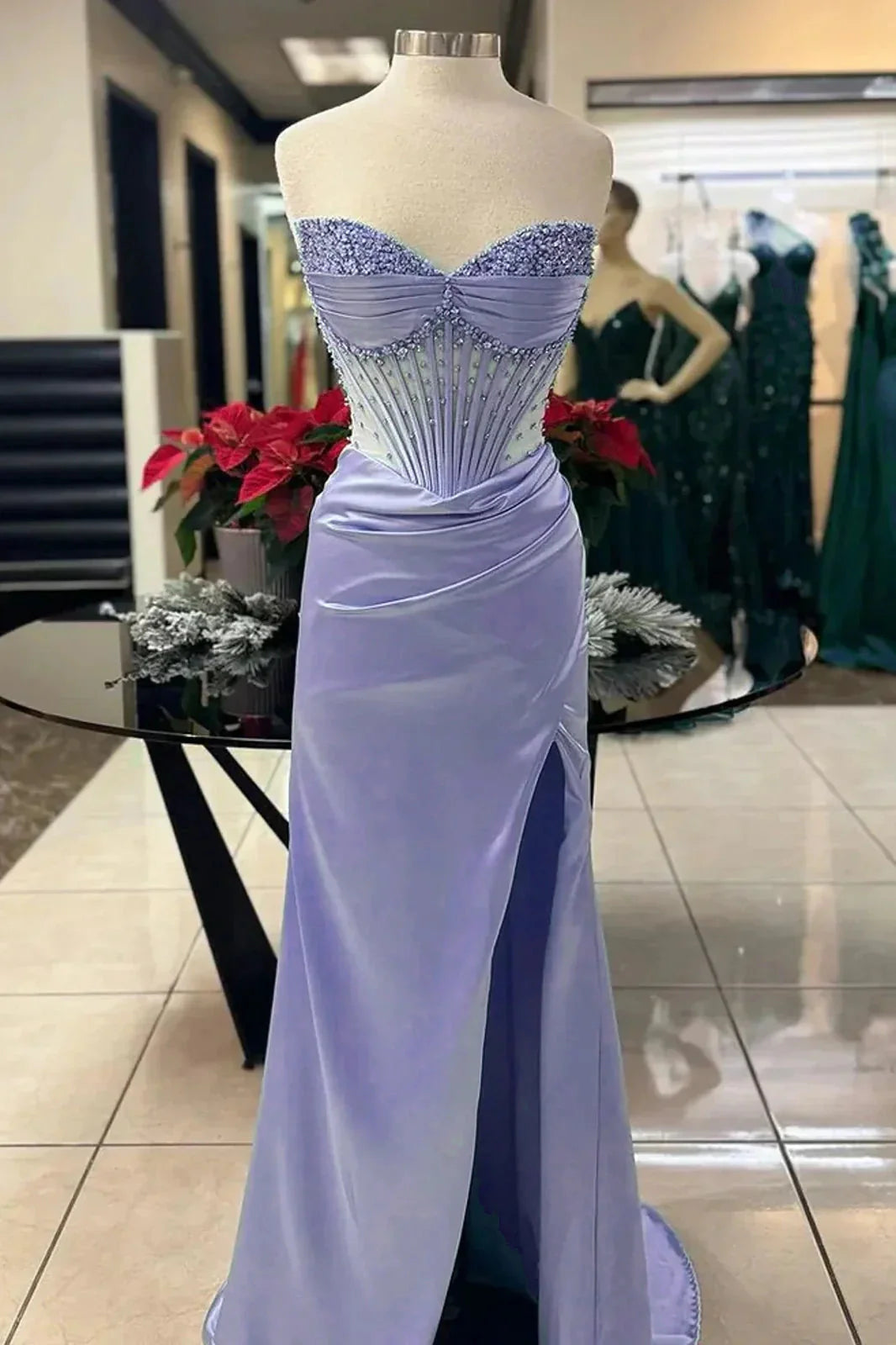 Chic Mermaid Spaghetti StrapsSatin  Long Formal Dresses With Beading Wedding Guest Dresses