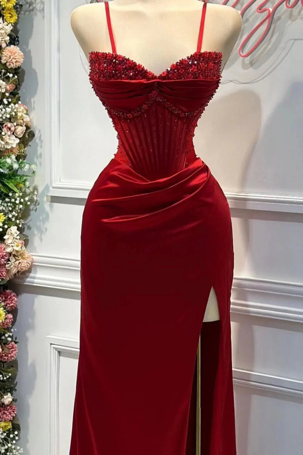 Chic Mermaid Spaghetti StrapsSatin  Long Formal Dresses With Beading Wedding Guest Dresses