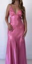Chic Mermaid Spaghetti Straps Pink Satin Formal Evening Dresses Long Formal Prom Dresses