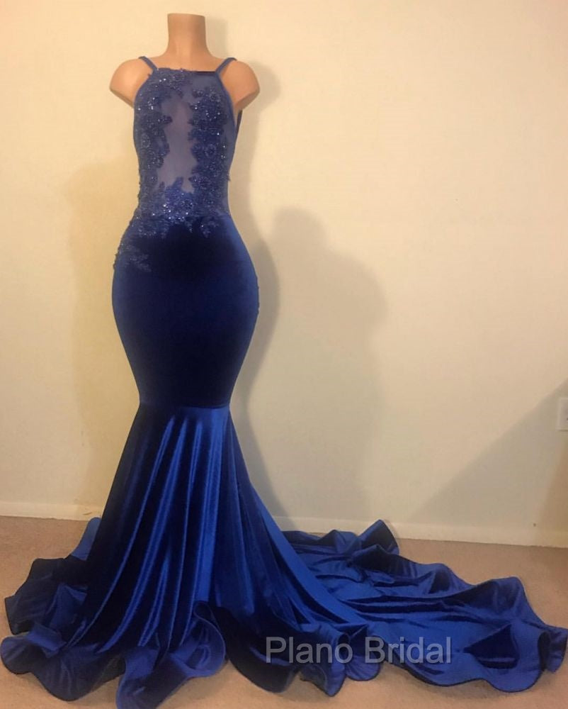 Chic Mermaid Spahgetti-Straps Openback Velvet Applique Formal Prom Party Gowns
