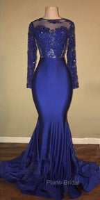 Chic Open Back Royal Blue Real Model Formal Prom Dresses Lace Long Sleeves Mermaid Evening Gown