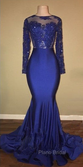Chic Open Back Royal Blue Real Model Formal Prom Dresses Lace Long Sleeves Mermaid Evening Gown