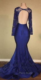 Chic Open Back Royal Blue Real Model Formal Prom Dresses Lace Long Sleeves Mermaid Evening Gown