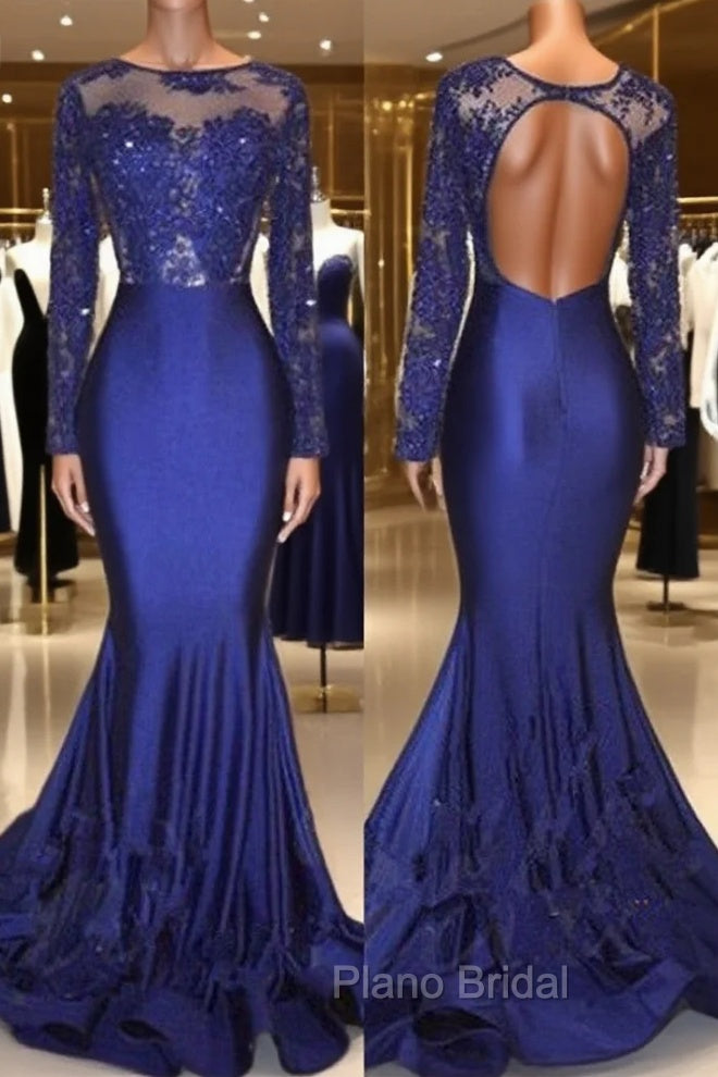 Chic Open Back Royal Blue Real Model Formal Prom Dresses Lace Long Sleeves Mermaid Evening Gown Main image