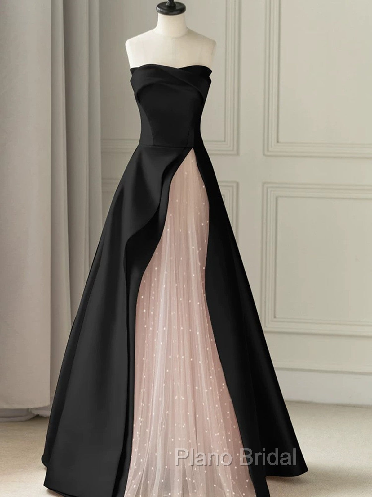 Chic Pink and Black Satin with Tulle Formal Prom Dresses, A-line Long Party Dresses