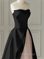 Chic Pink and Black Satin with Tulle Formal Prom Dresses, A-line Long Party Dresses