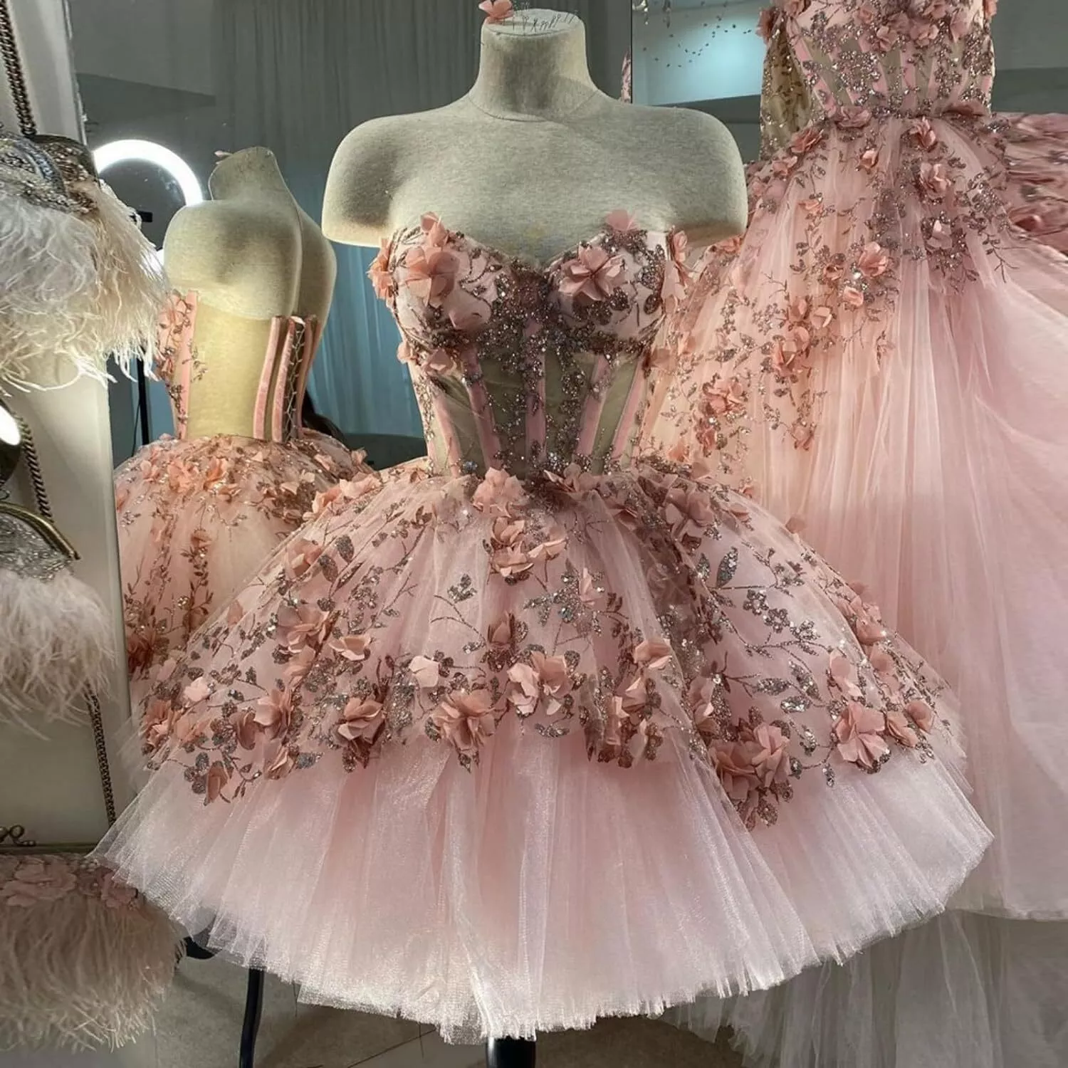 Chic Pink Formal Prom Dresses Hand Made Flowers 18Th Birthday Outfits