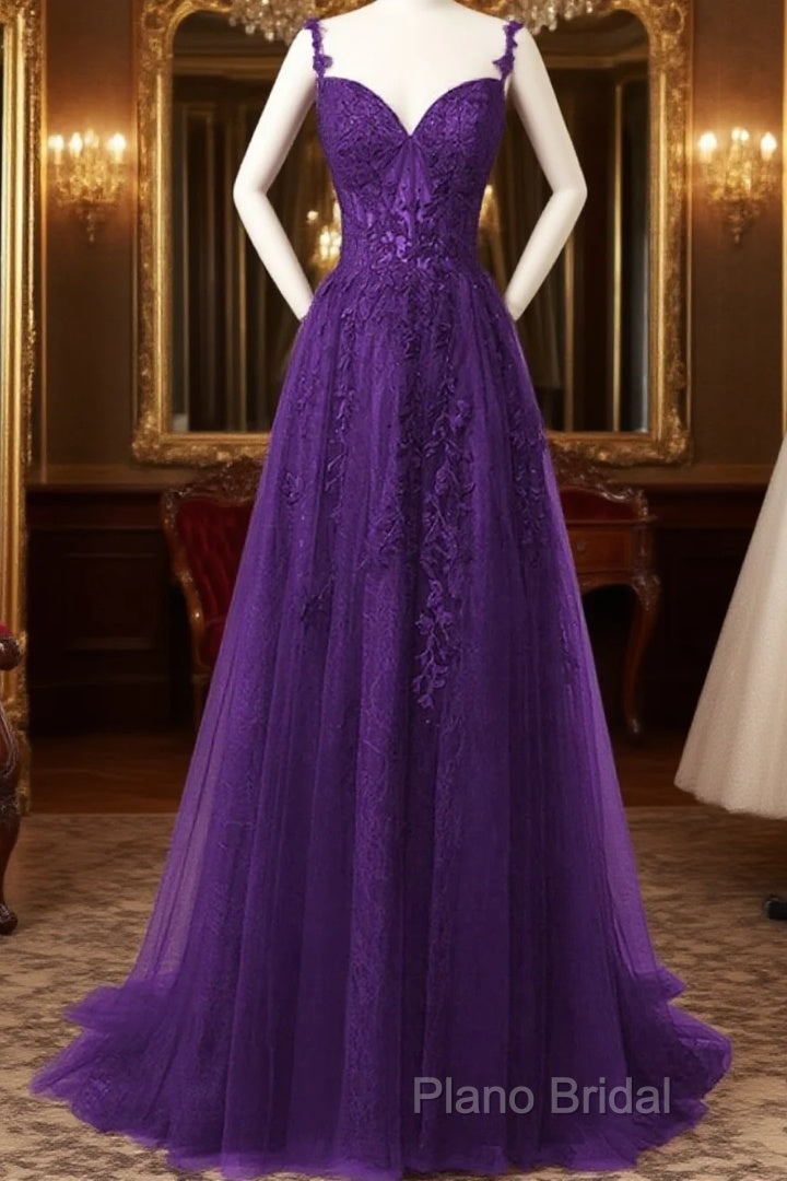 Chic Purple Sweetheart Straps Long Tulle Party Dresses, Purple Long Formal Dresses