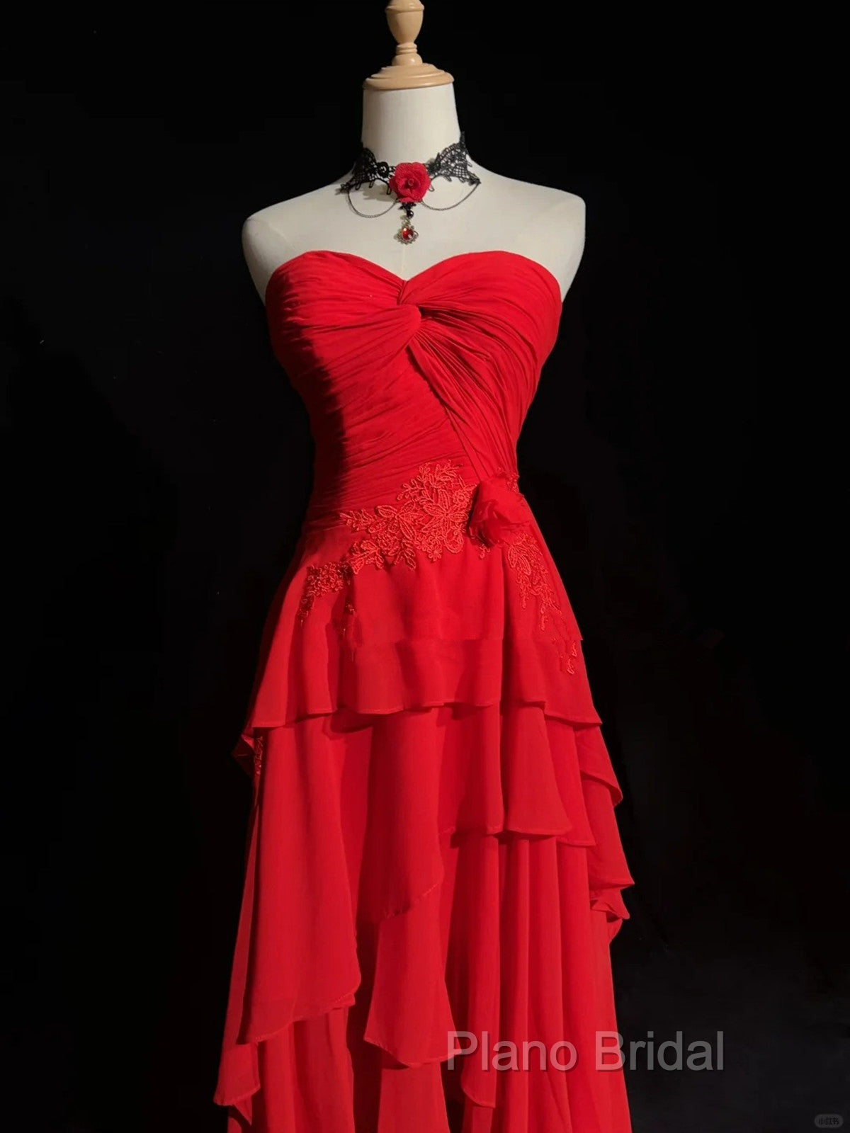 Chic Red High Low Chiffon Wedding Party Dresses, Red Layers Long Formal Dresses Secondary image