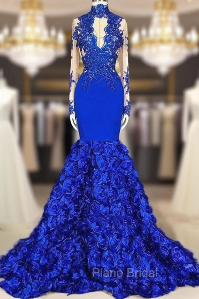 Chic Royal Blue Keyhole Flowers Train High neck Mermaid Formal Prom Party Gowns Main image