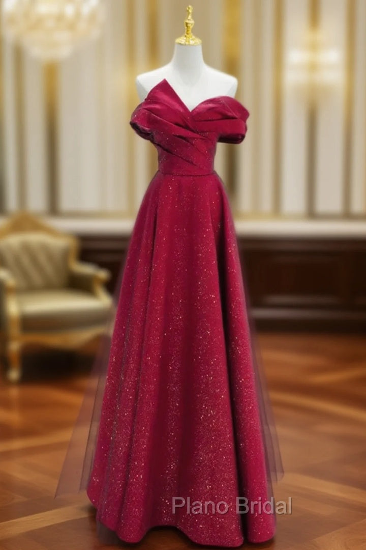 Chic Satin Long Party Dresses Formal Prom Dresses, A-line Red Off Shoulder Evening Dresses Main image
