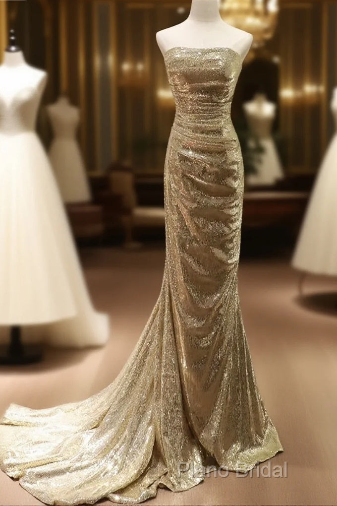 Chic Sequins Mermaid Scoop Long Formal Dresses, Gold Long Formal Prom Dresses Party Dresses