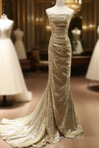 Chic Sequins Mermaid Scoop Long Formal Dresses, Gold Long Formal Prom Dresses Party Dresses