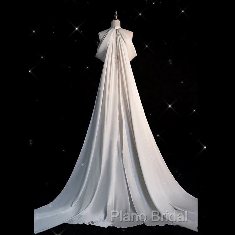 Chic Sheath High neckline Sleeveless Ivory Satin Long Wedding Dresses With Train Secondary image
