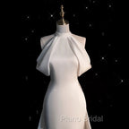 Chic Sheath High neckline Sleeveless Ivory Satin Long Wedding Dresses With Train