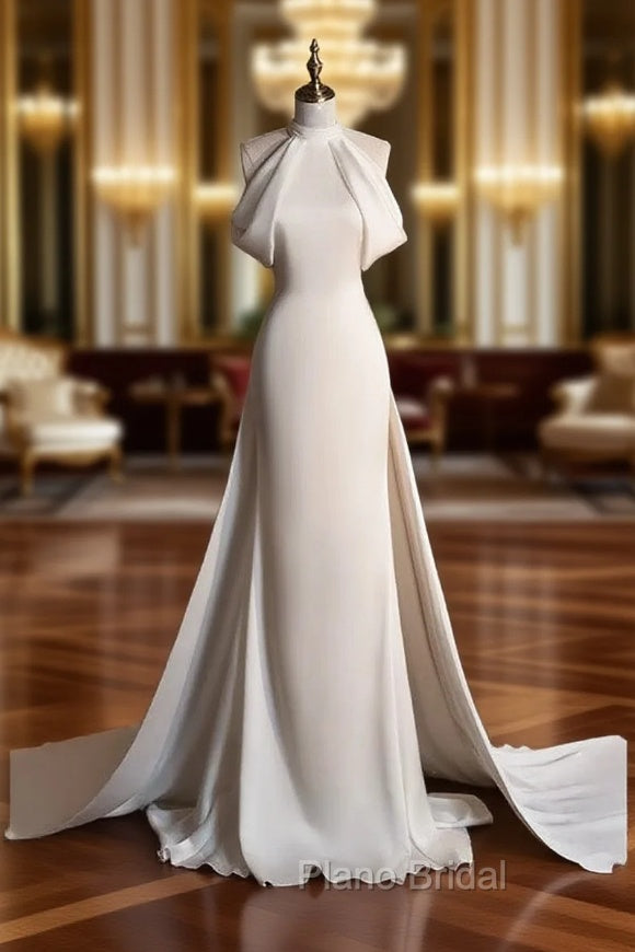 Chic Sheath High neckline Sleeveless Ivory Satin Long Wedding Dresses With Train