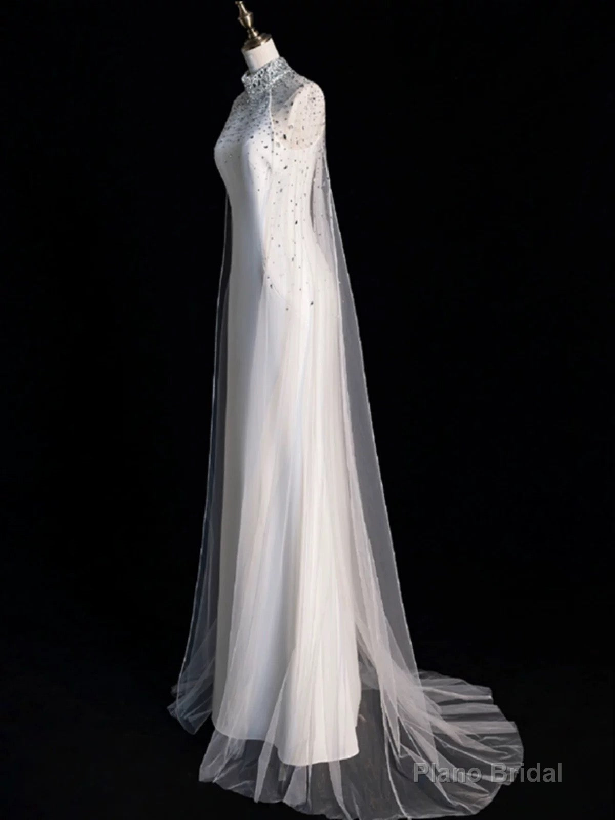 Chic Sheath High Neckline Sleeveless White Tulle Long Wedding Dresses With Beads Secondary image