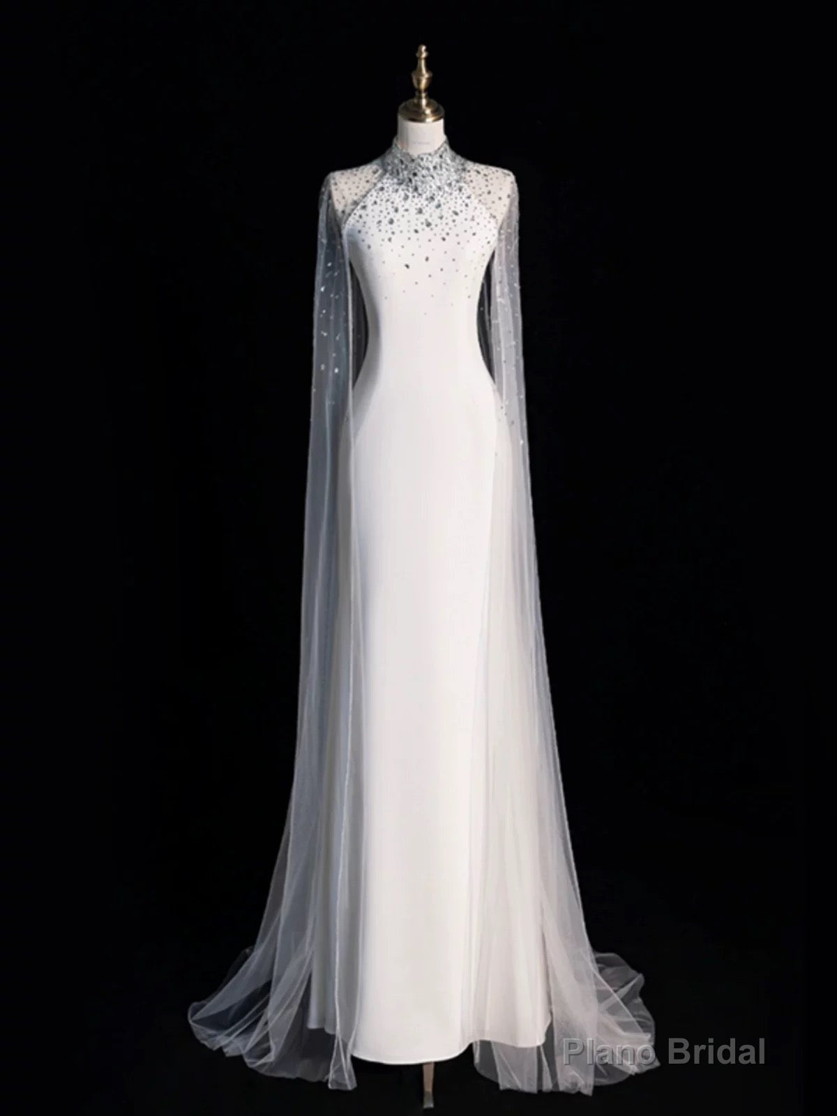 Chic Sheath High Neckline Sleeveless White Tulle Long Wedding Dresses With Beads Main image