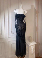 Chic Sheath Spaghetti Straps Black Formal Evening Dresses Long Formal Prom Dresses