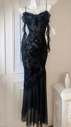Chic Sheath Spaghetti Straps Black Formal Evening Dresses Long Formal Prom Dresses