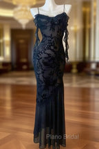 Chic Sheath Spaghetti Straps Black Evening Dresses Long Formal Prom Dresses