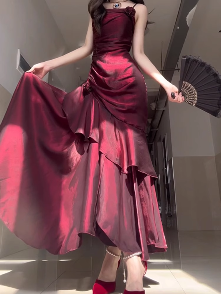 Chic Sheath Spaghetti Straps Burgundy Long Party Dresses Birthday Outfits Secondary image
