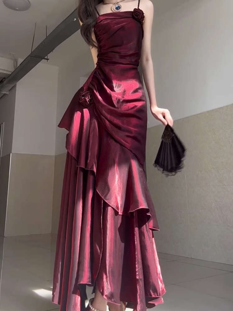 Chic Sheath Spaghetti Straps Burgundy Long Party Dresses Birthday Outfits