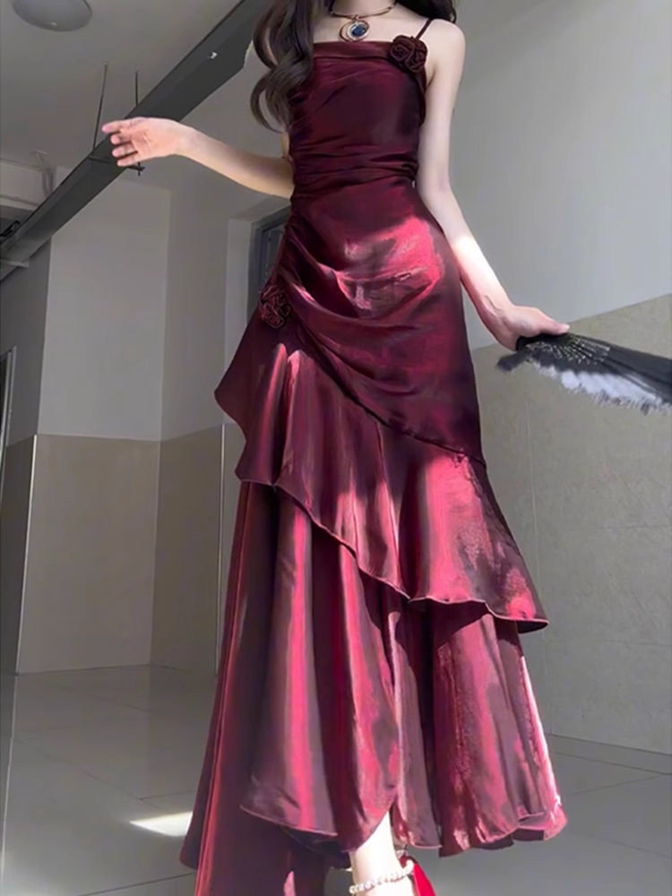 Chic Sheath Spaghetti Straps Burgundy Long Party Dresses Birthday Outfits