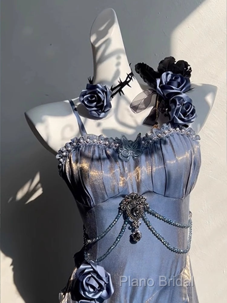 Chic Sheath Spaghetti Straps Floral Blue Long Party Dresses Birthday Outfits With Sleeves