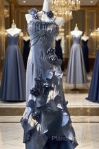 Chic Sheath Spaghetti Straps Floral Blue Long Party Dresses Birthday Outfits With Sleeves