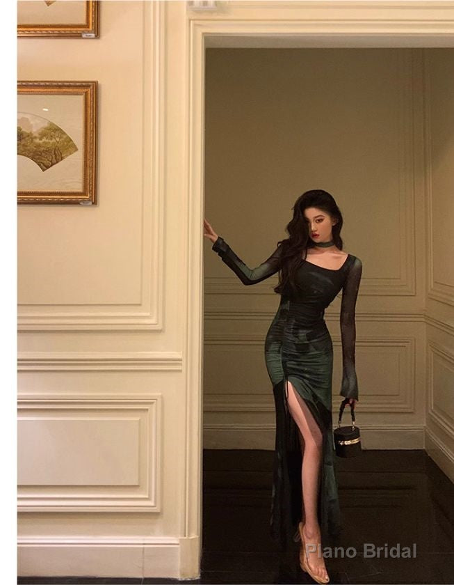 Chic Sheath Square Neckline Long Sleeves Green Long Prom Dresses Birthday Dress Secondary image
