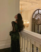 Chic Sheath Square Neckline Long Sleeves Green Long Prom Dresses Birthday Dress