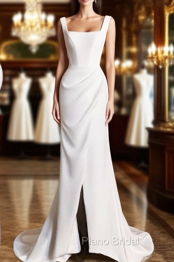 Chic Sheath Square Neckline Sleeveless White Satin Slit Wedding Dresses With Ruffles Main image
