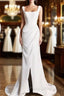 Chic Sheath Square Neckline Sleeveless White Satin Slit Wedding Dresses With Ruffles