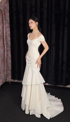 Chic Mermaid White Bridal Shower Dresses Chiffon Off-Shoulder Long Formal Evening Dresses