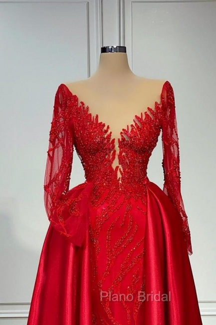 Chic V-neck Lace Formal Prom Dresses Evening Gown With Long Sleeves