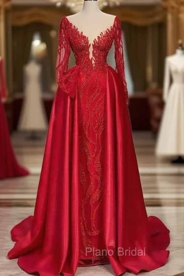 Chic V-neck Lace Formal Prom Dresses Evening Gown With Long Sleeves