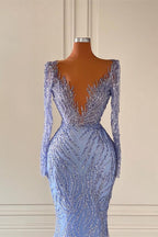 Chic V-Neck Long Sleeves Mermaid Prom Dresses With Beads